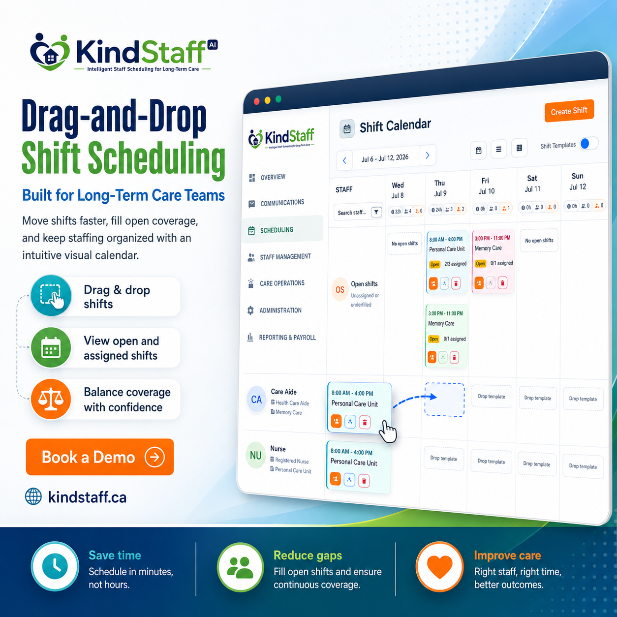 KindStaff shift scheduling screen